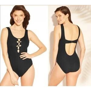 Kona Sol One Piece Swimsuit Black Ribbed Scoop Neck Lace Up Size Small NWT